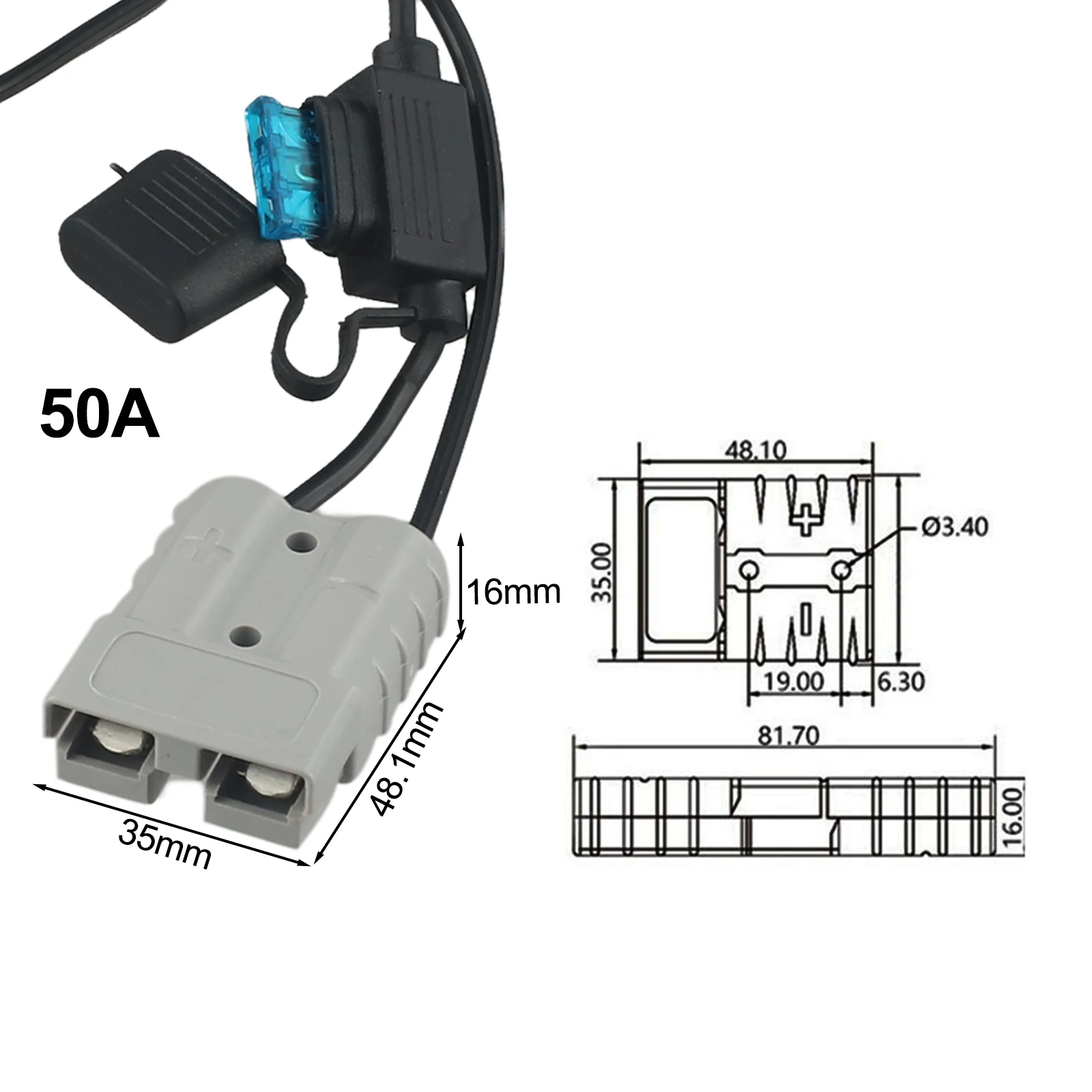16AWG Power Cord 50A Power Connector AC DC Interface 15A Blade Fuse 3-meter Length PVC Jacket Material Pure Copper Wire Core