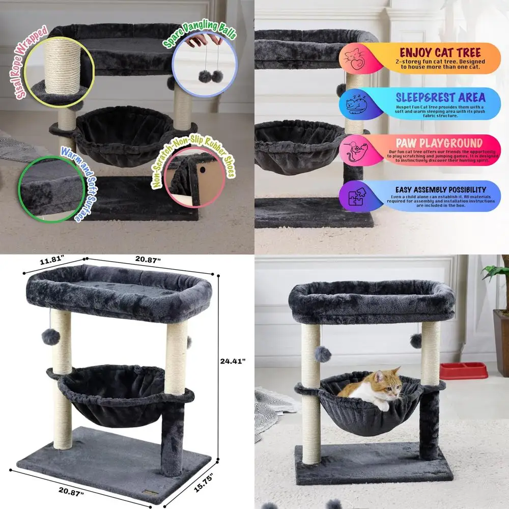 

24-дюймовая многоуровневая лежанка-башня для кошек с гамаком, когтеточкой и кроватью для крупных кошек — компактный дизайн, серый цвет