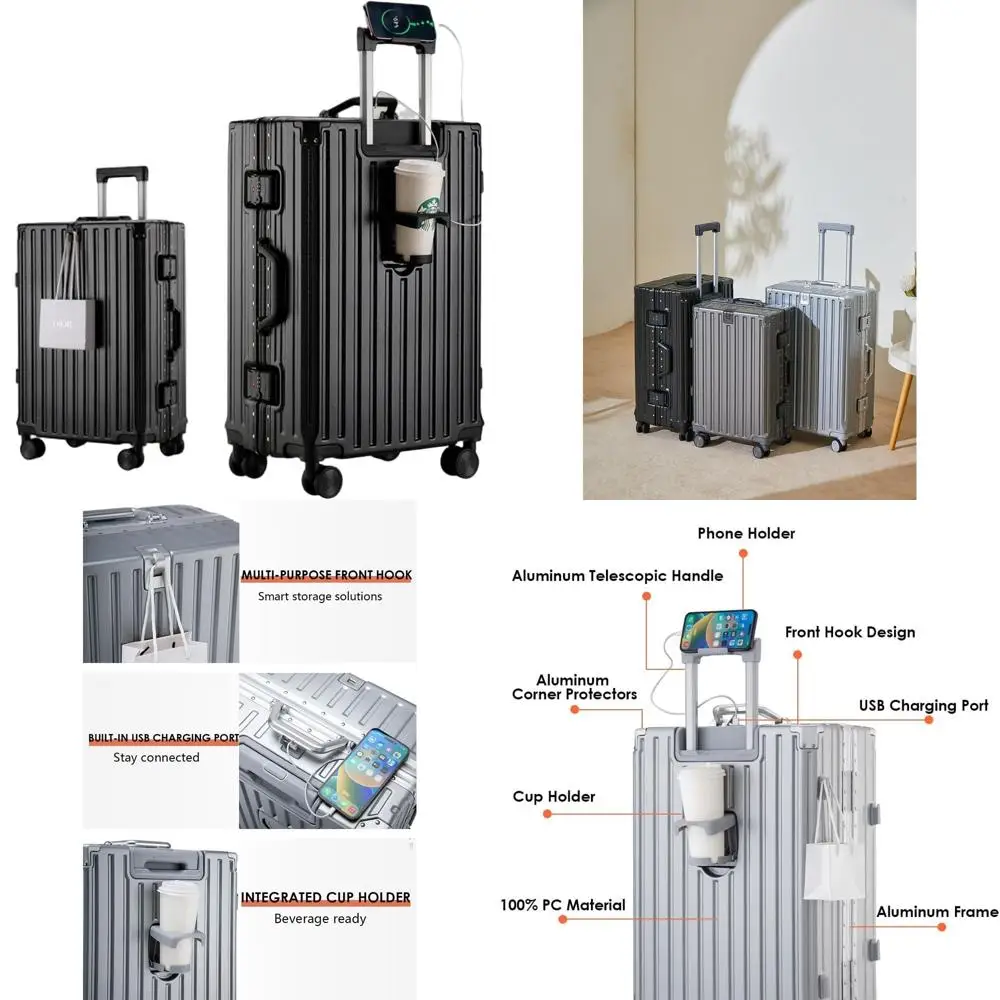 

Деловой чемодан с алюминиевым каркасом, подстаканником и USB, 24, в клетку, в черную клетку