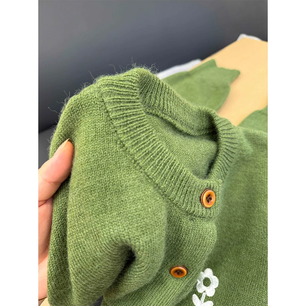 

Женский зеленый кардиган с круглым вырезом и вышивкой, свитер, винтажный трикотаж 2000-х годов Y2k, кашемировый свитер с длинными рукавами, осенняя одежда Shoujo