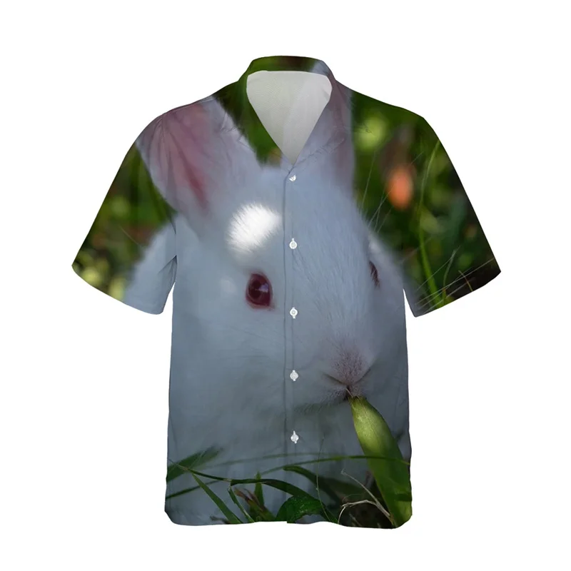 Camisas hawaianas con estampado 3D de conejo para hombre, blusa de manga corta con botones de solapa Casaul, tendencia de verano