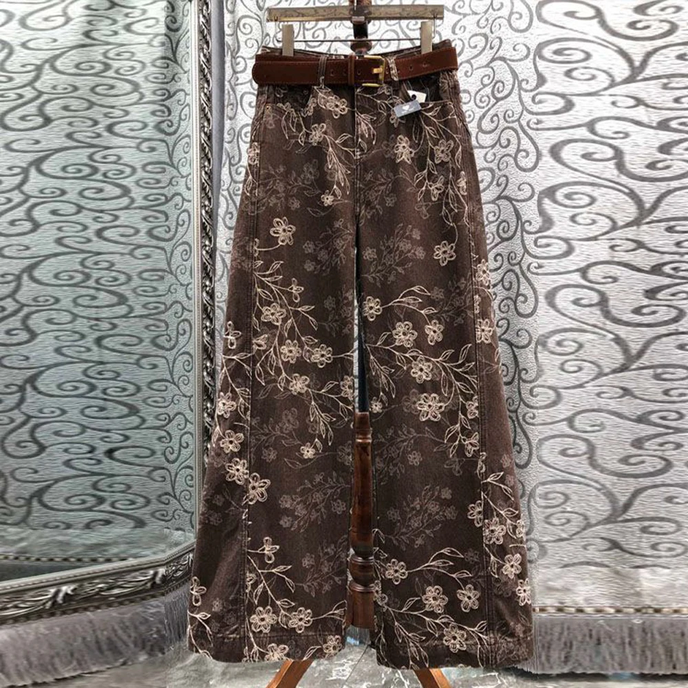 

Coffee Color Floral Women's Jean Pants Early Autumn New Loose Wide Leg Straight Trousers Daily Commuting Versatile Denim Pants