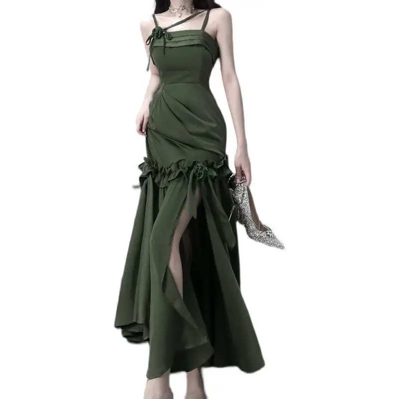 Gaganight Women Spring French Style Green Sling Dress 2024 Summer New Vintage Sexy Slim Birthday Party Dresses Female Vestidos