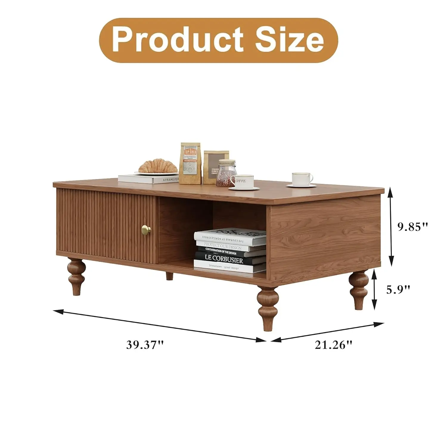 طاولة قهوة خشبية حديثة من منتصف القرن مع مساحة تخزين، وباب شرائحي، وأرجل خشبية صلبة، وطاولة قهوة قديمة مع رف مفتوح للمنزل #2