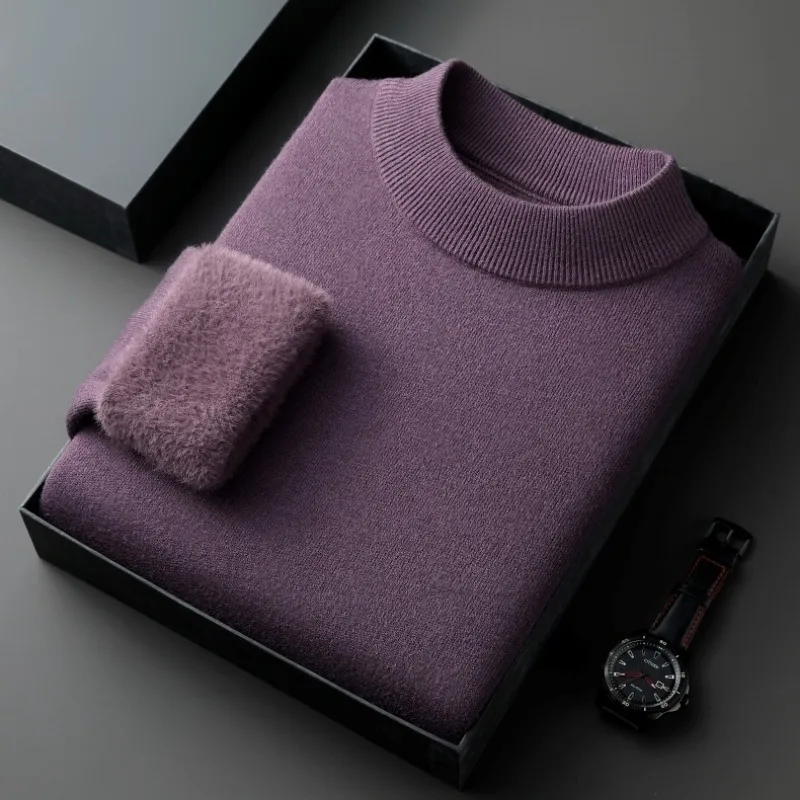 Men Autumn Winter Mock Neck Fleece Lined Wool Blend Sweater Luxury Warm Knit Pullover Live Stream Hot Selling Item