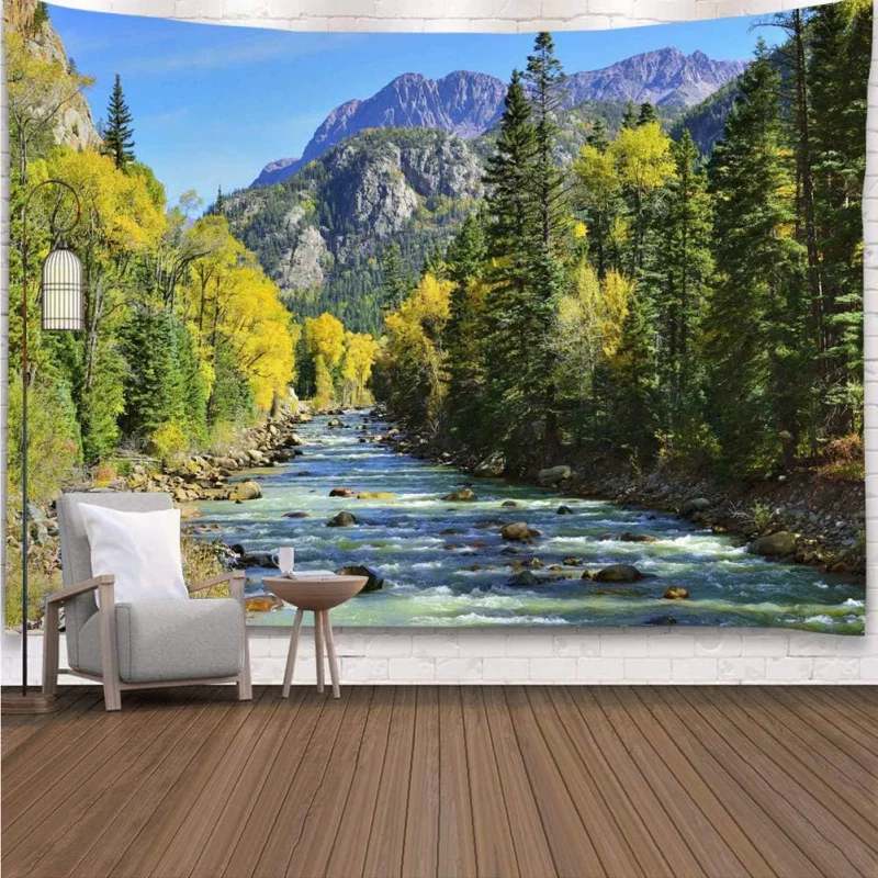 VIKAMA Wandteppich mit natürlichem Bergwaldmotiv, Wandteppich mit Wasserfall-Landschaft, geeignet für den Einsatz in Wohnzimmern und Schlafsälen