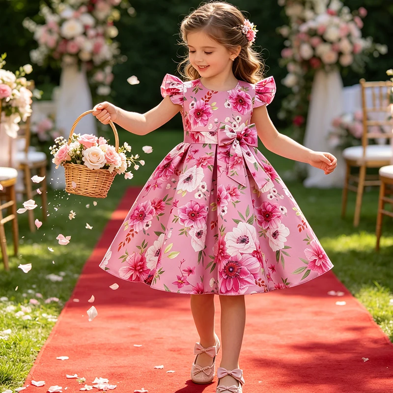 Girls' Dresses Flower Printed Wedding Bridesmaid Dresses For Girls Big Bow Flying Sleeve Princess Dress For Kids Birthday Gown