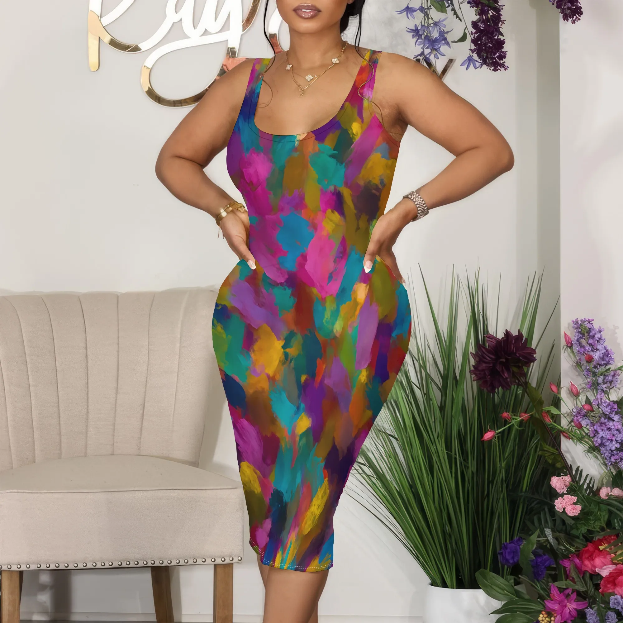 

Abstract Brush Print Bodycon Dress S‑3XL Sleeveless Scoop Neck Midi Style for Art Show, Summer Date or Street Fashion Look