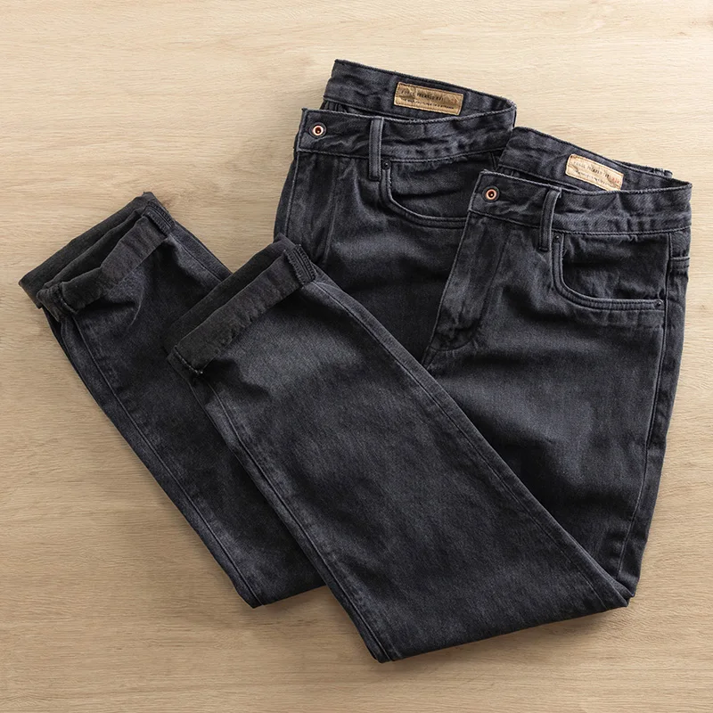 

Loose Straight Leg Bla Jeans Men's Heavyweight Sand Wa Retro Trendy mid Waist Long Pants Casual Youth Spring Autumn