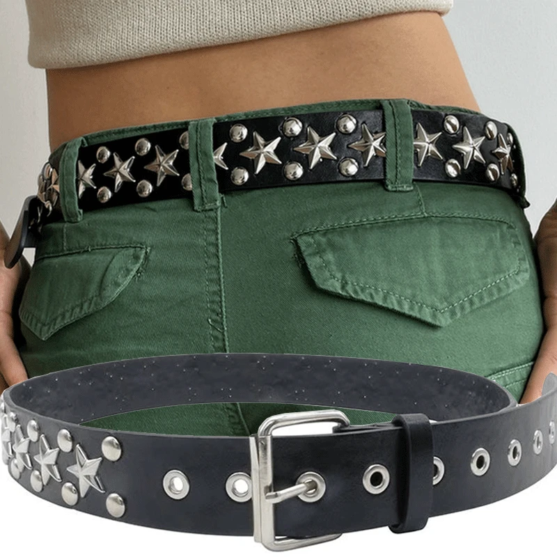 

Star Eye Rivet Belt Goth Style Double Pin Buckle Man/woman Fashion Casual Punk Style PU Leather Waistband Jeans y2k accessories