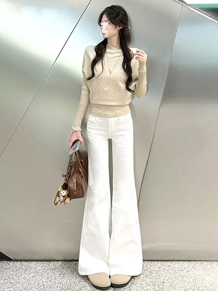 White Non-Fitting Micro Flare Jeans Women's Spring Summer Autumn Low Waist Elastic  Hoof Bell Bottoms Commute Style