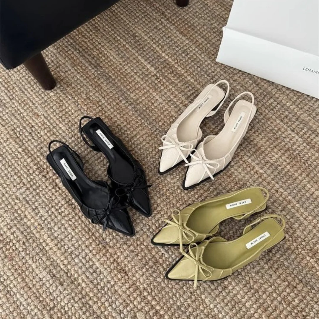 

2026 New Women's French Style Pointed Toe Slingback Sandals Ruched Bow Block Heel Closed Toe Dress Shoes