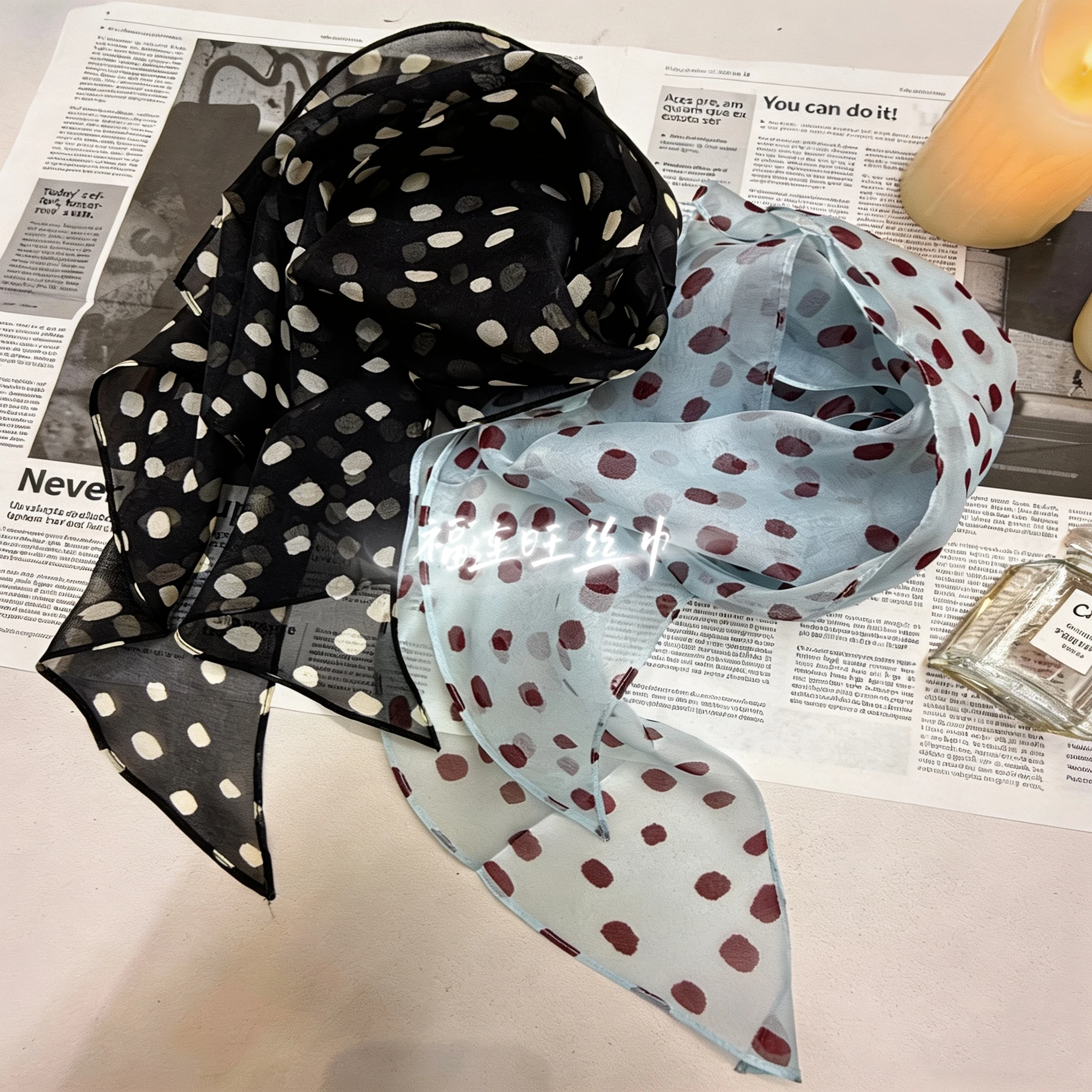 黒白水玉模様シルクシフォンスカーフロングリボン3270cm春2026本物のシルク織りスカーフ女性用装飾ファッション