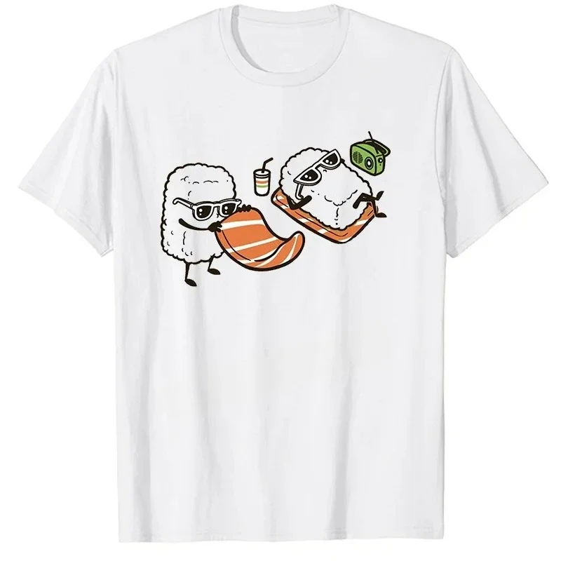 

Funny Sushi Beach Vacation Graphic Cartoon Rice Ball Anime Style Casual T-Shirt Unisex