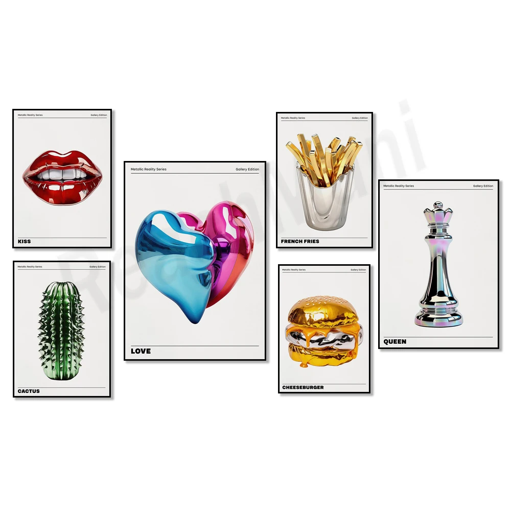Strawberry, cactus, pineapple, chess piece, french fries, ice cream, heart wall decor, vivid chrome holographic poster print