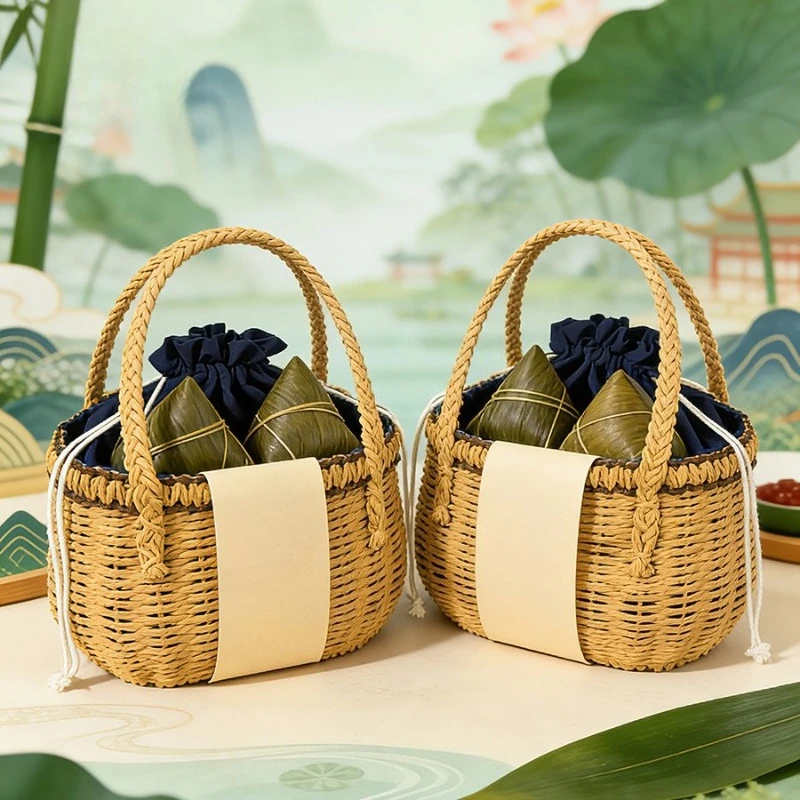 Chinese Style Simple Handmade Woven Bag Creative Art Storage Gift Packaging Shopping Straw Woven Tote Basket