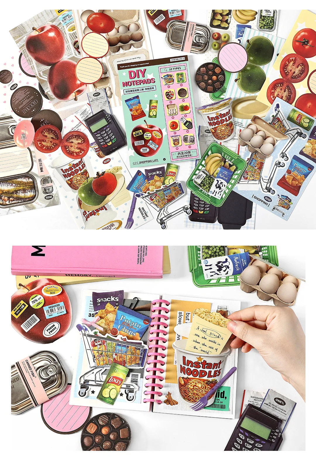 20 Blatt/Beutel, beschreibbare Haftnotizen, kreatives Muster mit Snacks, Desserts, Früchten, Alltagsmotiven, faltbare Notizen für Nachrichten und Begrüßungen – Detail 12