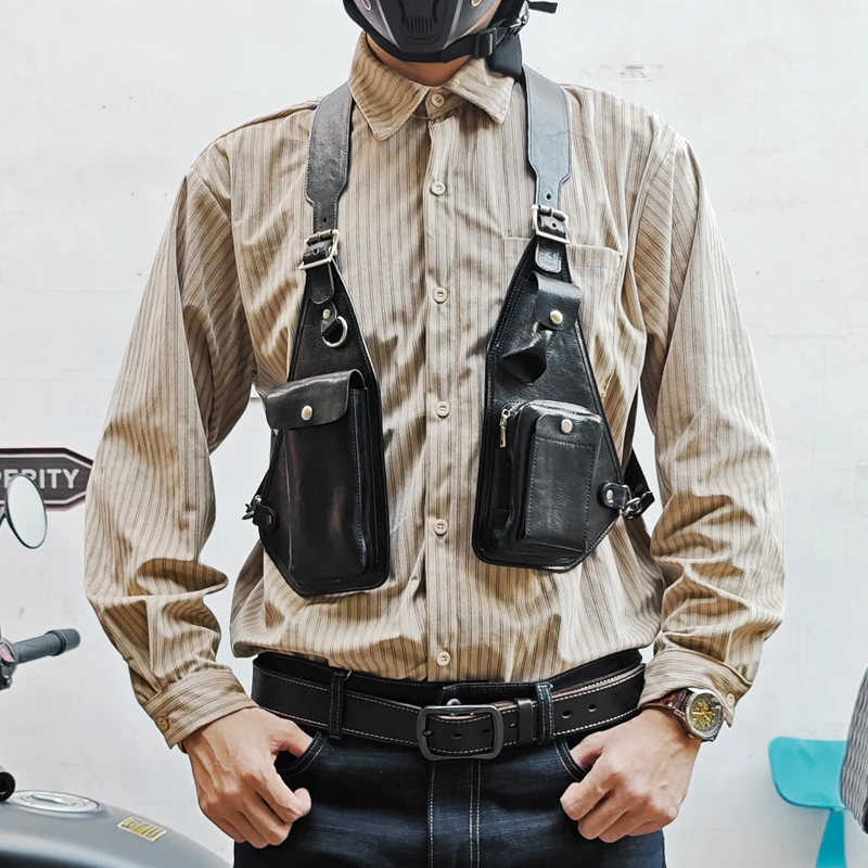 

Double Shoulder Strap Multi-Pocket Men Outdoor Anti-theft Chest Bag Leather Multifunction Crossbody Tactical Storage Hunting Bag
