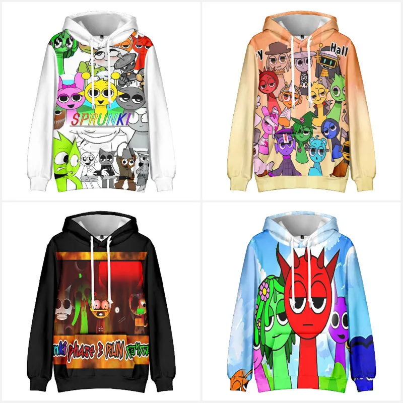 3D Sprunki Hoodie incredibox Wenda Pinki Sweatshirt Cartoon Game Figure Graphic Plush Clothes Printed Autumn and Winter Clothing