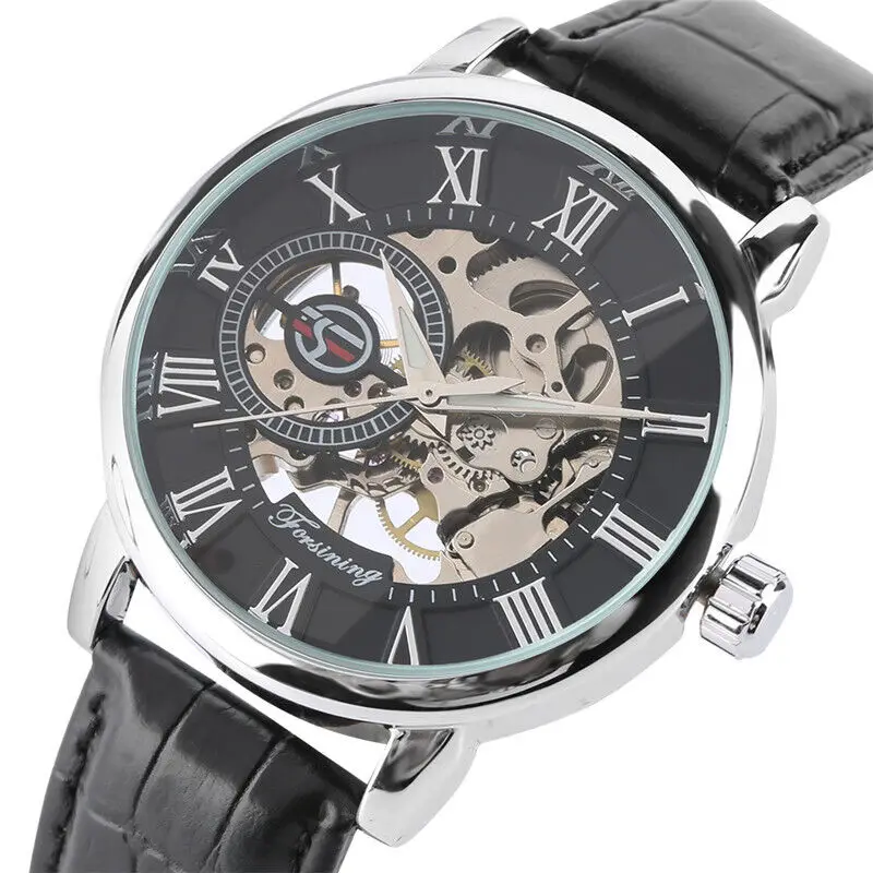 FORSINING Hand Winding Watch for Men Black Leather Strap Roman Numerals Display