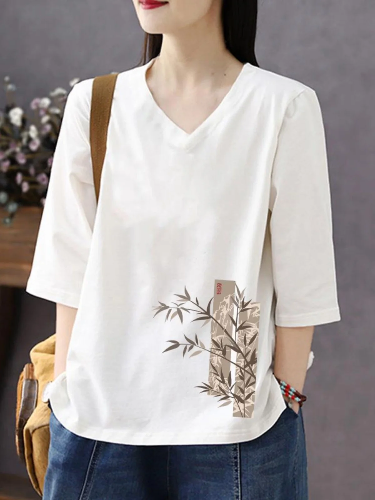 

Loose Casual Cotton V-Neck 3/4 Sleeve T-Shirt Women's Spring Summer Autumn Fashionable Bottoming Shirt Korean Style Loose Fit