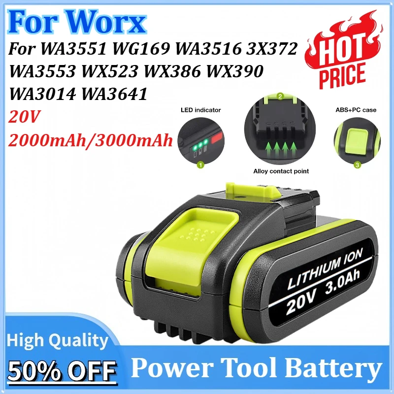 

20V 2000mAh/3000mAh Li-Ion Rechargeable Battery for Worx WA3551 WG169 WA3516 3X372 WA3553 WX523 WX386 WX390 WA3014 WA3641 WA3570