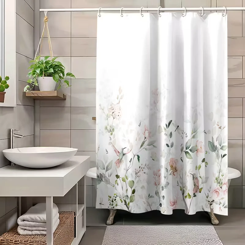 VIKAMA waldinspirierter Blumen- und Vogel-Duschvorhang mit Leinenstruktur im nordischen Stil für Badezimmer, japanische Zen-Ästhetik