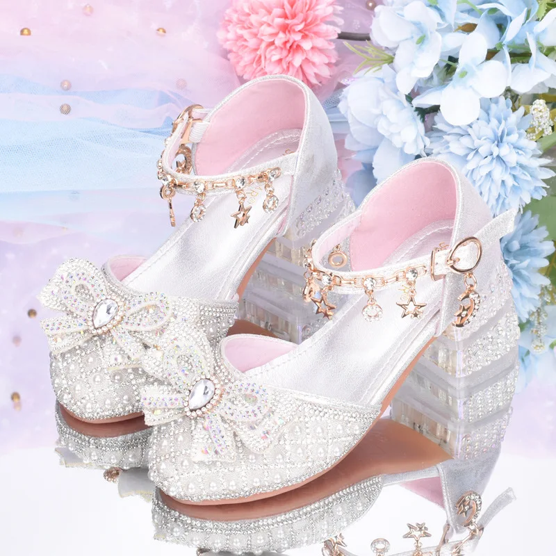 New Size 25-35 Girls' High Heels Crystal Princess Children's Shoes Kindergarten Fashion Show Performance Shoes