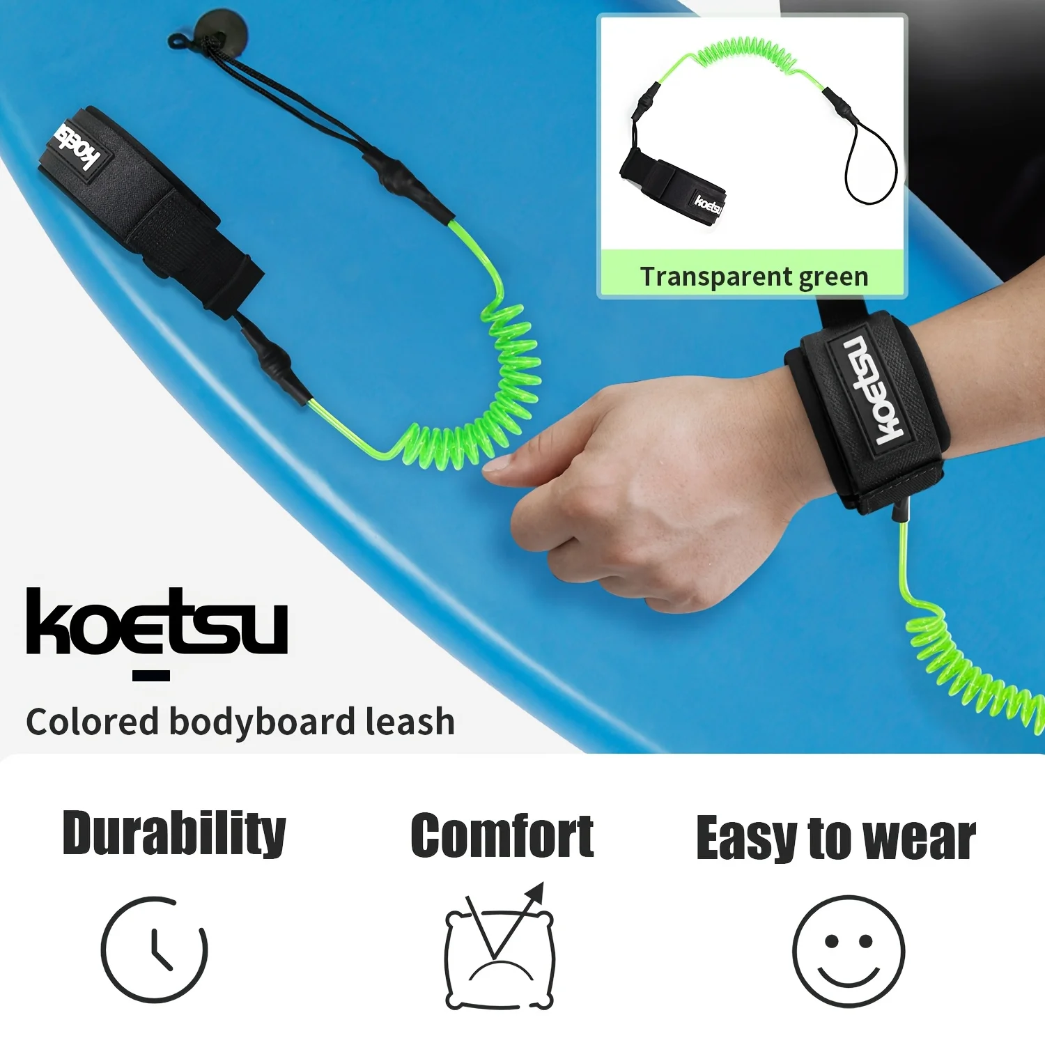 KOETSU Bodyboard Leash, 5mm TPU Coiled Surfing Wrist Leash with Hook-and-Loop Wrist Strap & Quick-Release Pull Tab