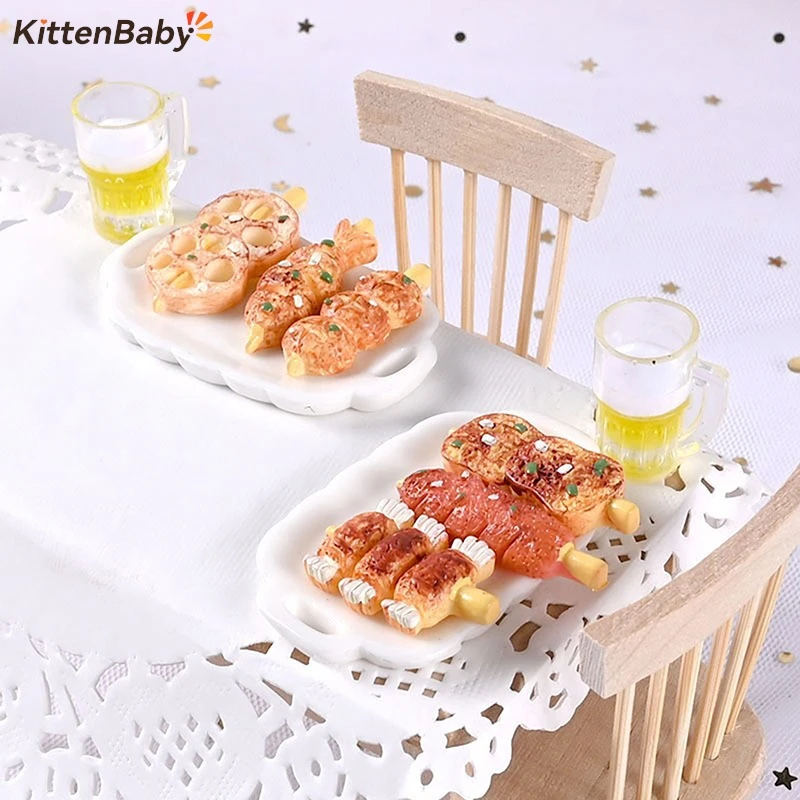 1/12 Scale Cute Barbecue Skewered Meat Beer Set Dollhouse Miniature Doll Food Pretend Play Mini Kids Kitchen Toy