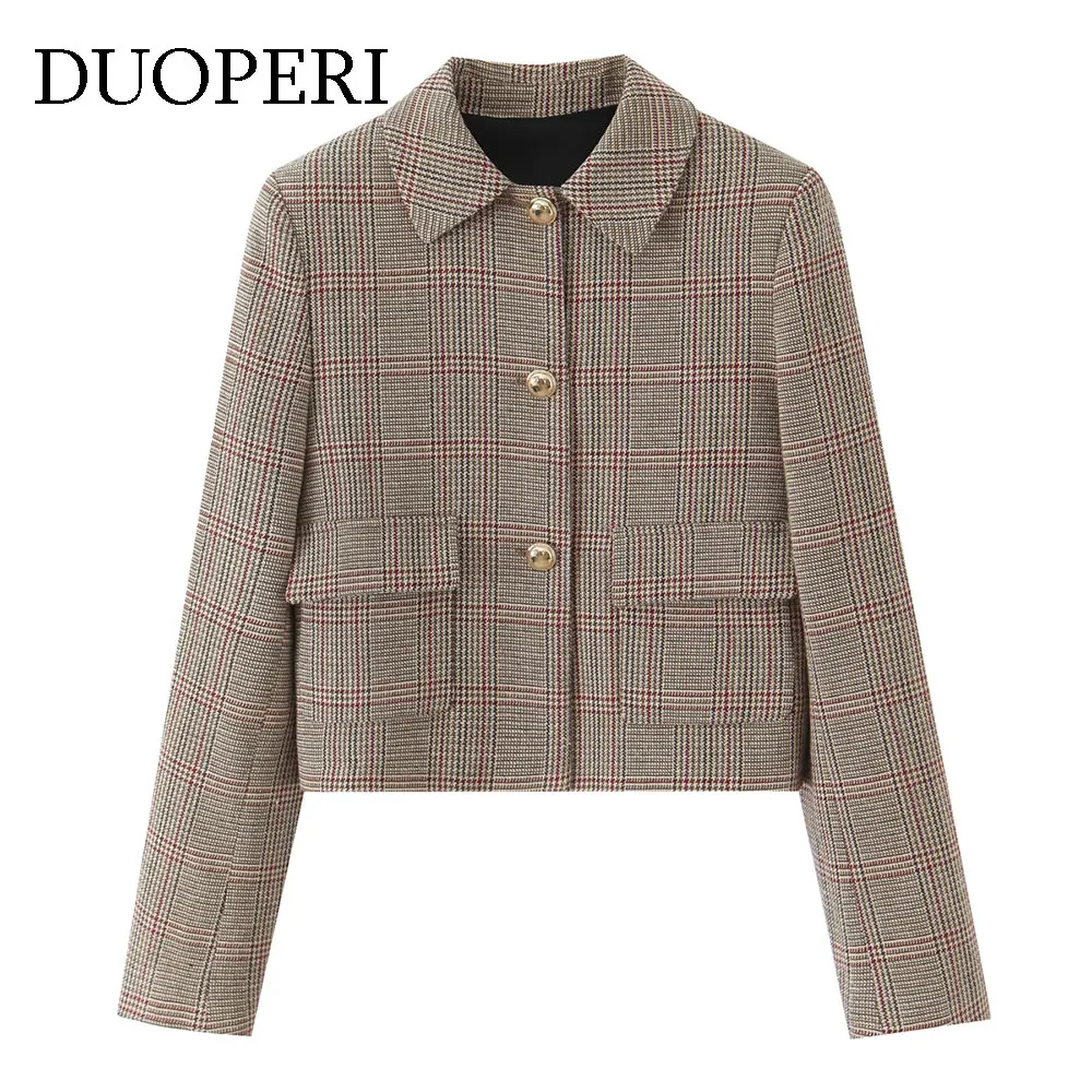 

DUOPERI Women Fashion With Pockets Plaid Single Breasted Blazer Lapel Neck Long Sleeves Casual Jackets Female Chic Lady Outfits