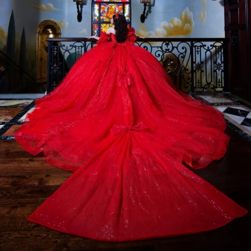 Robes de Quinceanera rouge brillant, épaules dénudées, dentelle appliquée, perles, nœud en cristal, Corset en tulle, robe de fête d'anniversaire, douce 16 ans