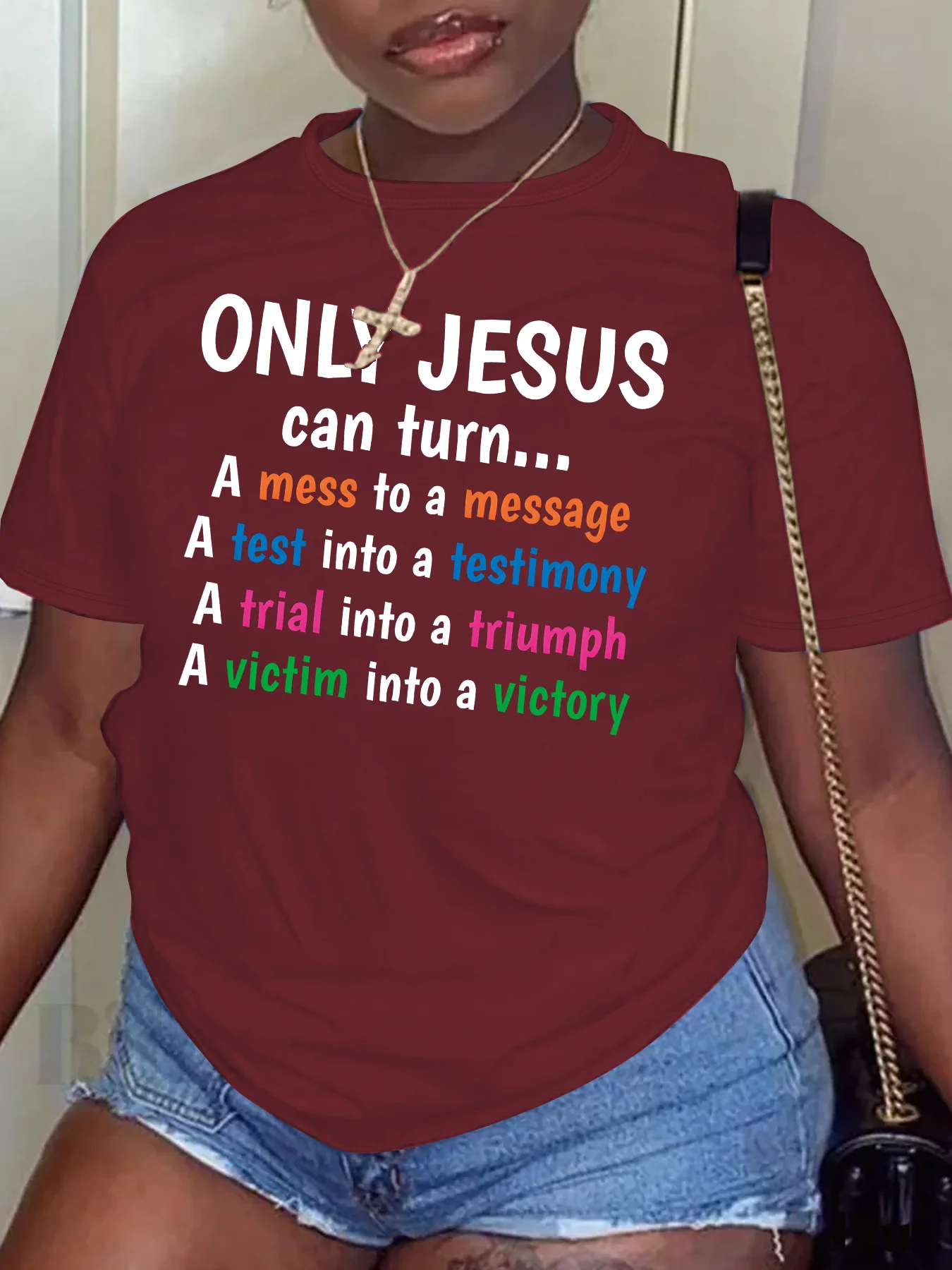 Camiseta feminina casual de mangas curtas com gola redonda, tops grandes, estampada apenas JESUS roupa escrita alfabética, verão