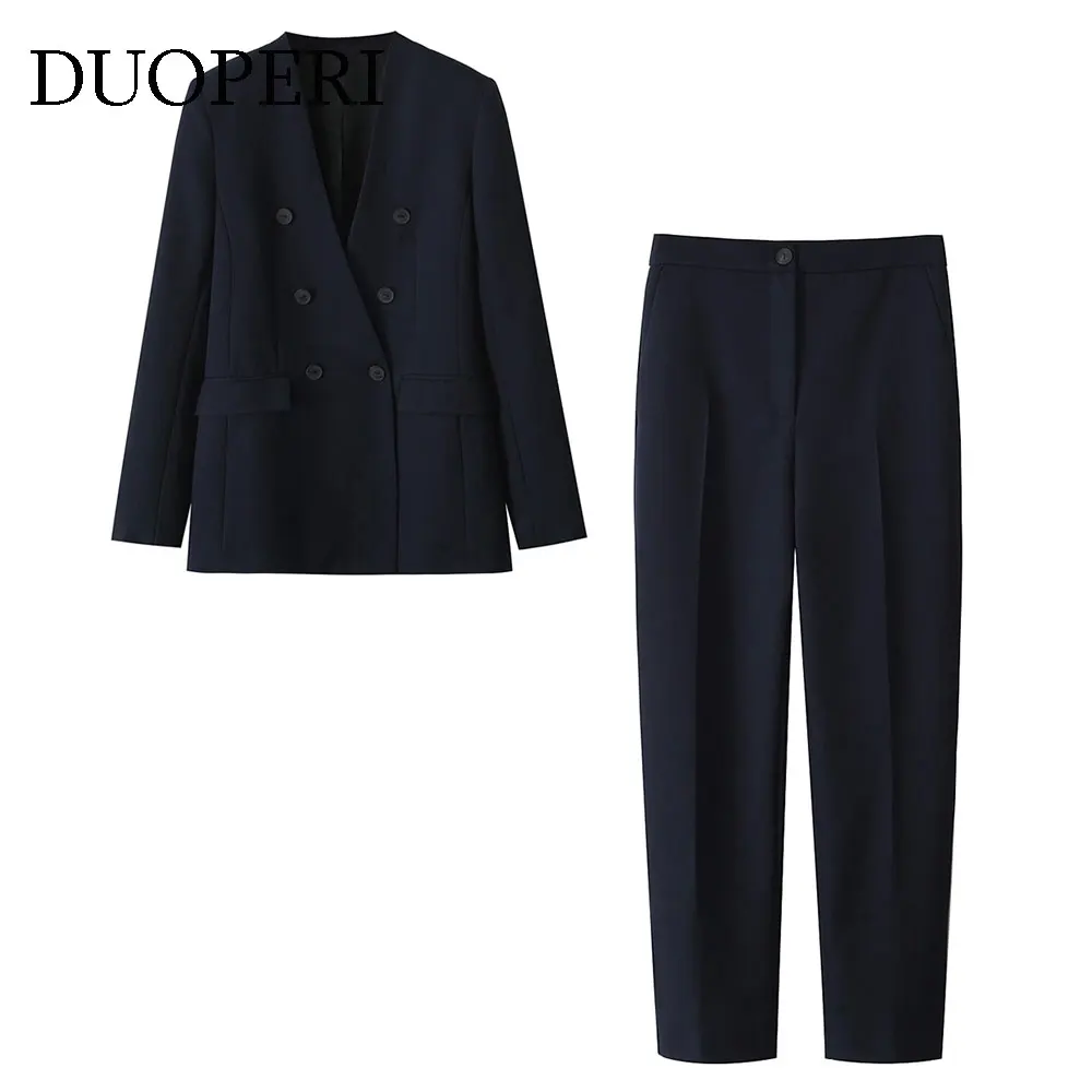 

DUOPERI Women's 2 Piece Set Navy Blue Long Sleeves Blazer & Casual Front Zipper Trousers Female Chic Lady Pants Sets