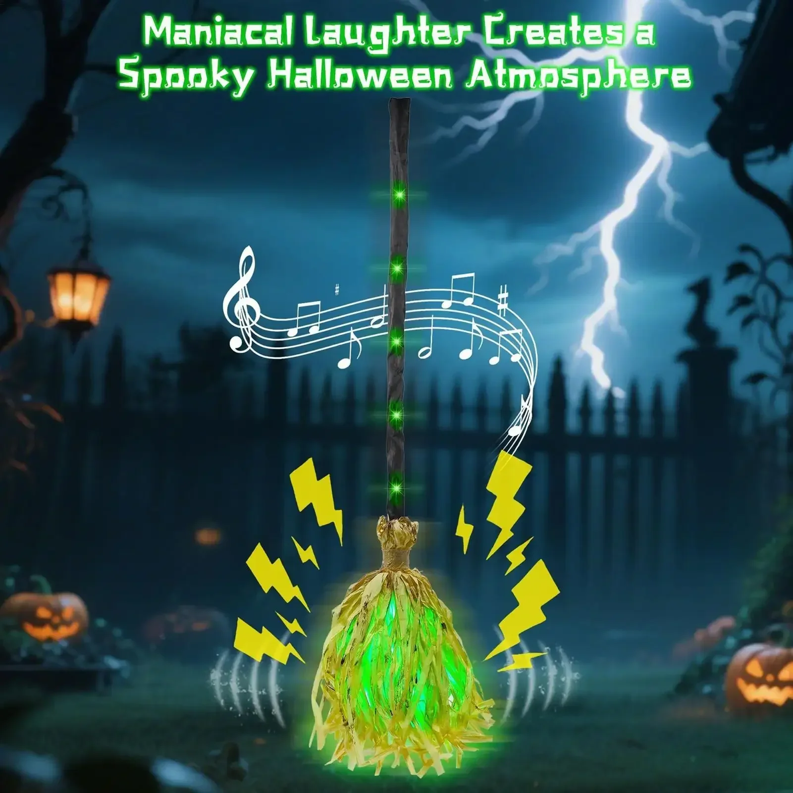 1/2/4 Stück animierter leuchtender Hexenbesen, der mit unheimlichen Geräuschen tanzt, Halloween-Zauber-Requisite für Spukhaus-Partyraum – Detail 2