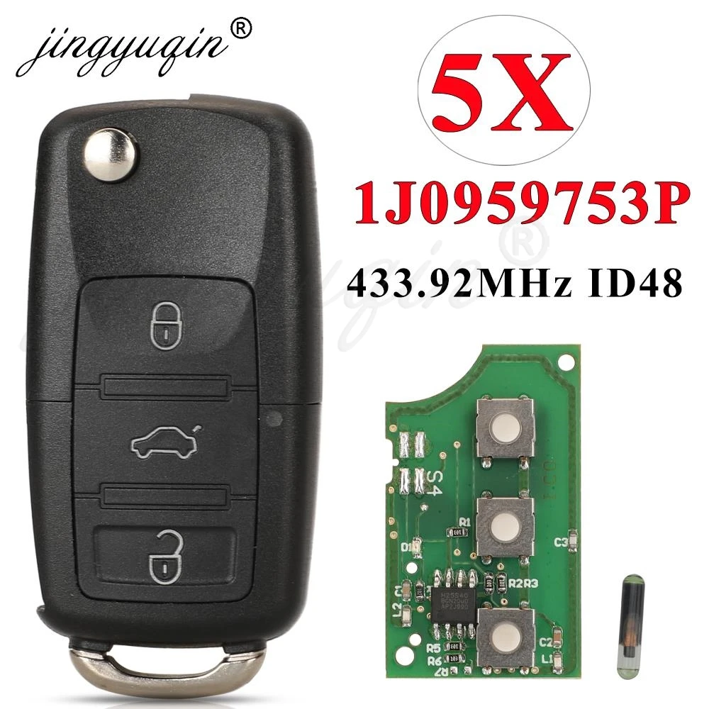 

jingyuqin 5pcs 1J0959753P Car Remote Key 434MHz ID48 for Volkswagen VW Beetle Golf Jetta Passat 2002-2005 Flip 3 Buttons Fob