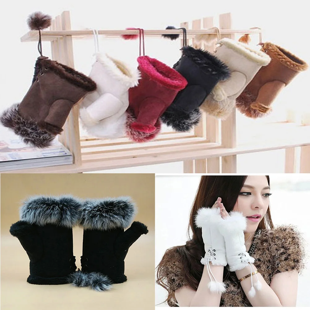 

1Pair Half Finger Gloves Women Winter Warm Soft Skin-Friendly Knit Wrist Mittens for Touchscreen Use Christmas Gift Coffee