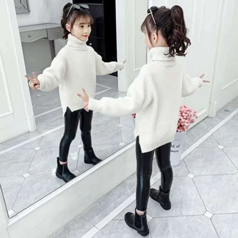 2023 New Autumn Winter Toddler Girls Solid Thick Knitted Sweater Long Sleeve Turtleneck Casual Pullovers Children Warm Cloth X11