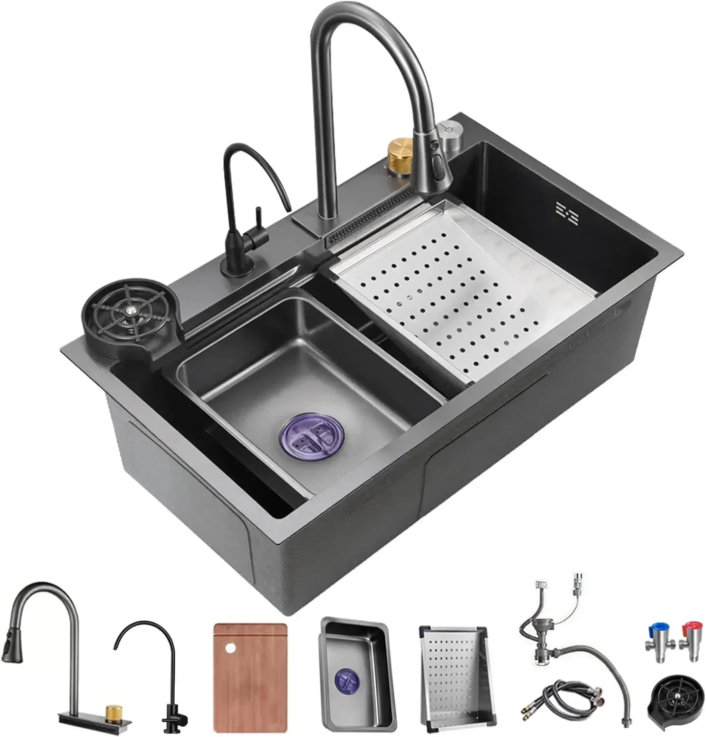 Black Nano Kitchen Sink 304 Stainless Steel Waterfall Sink Single Bowl Workstation Kitchen Sink With Multifunctional