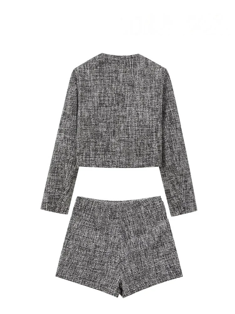 HH Women 2 Piece Set Plaid Single-Breasted Dummy Pocket Decorate Casual Jacket Coat+Fashion High Waist Zipper Mini Culottes