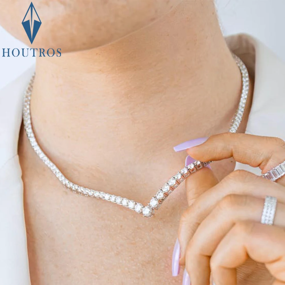 

V-shaped Full Moissanite Tennis Necklace for Women 100% 925 Sterling Silver 18k White Gold Plated Wedding Necklaces Fine Jewelry