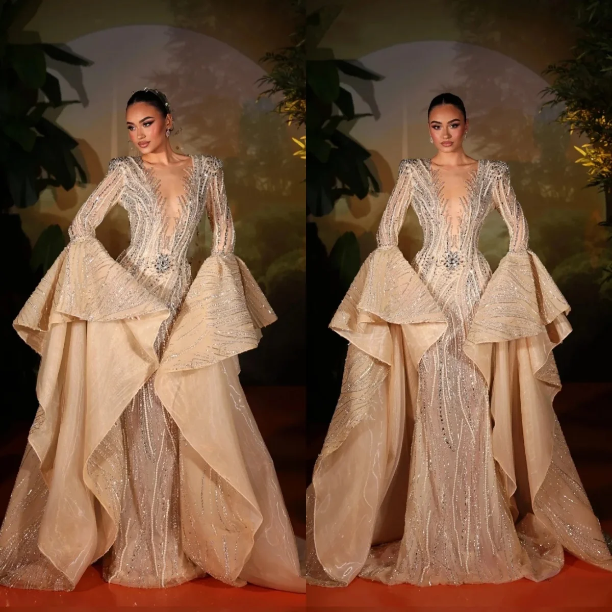 

Luxury Wedding Dresses Pearls Crystal Mermaid Bridal Gowns Sequins Beading Flare Sleeve Princess Customized Vestidos De Novia