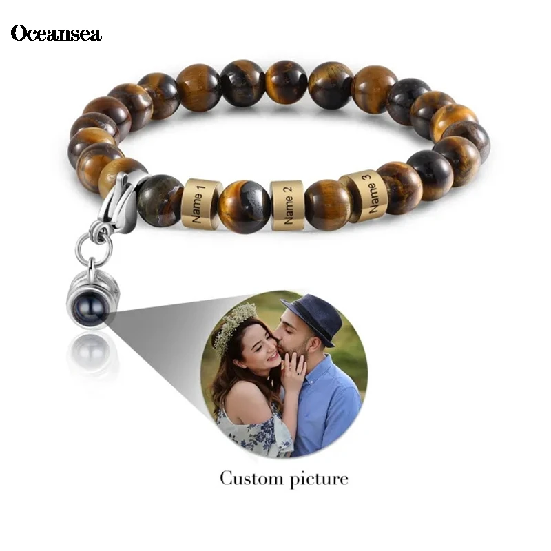 

Customzied Photo Projection Tiger Natural Stone Bracelet with Black Color Customized Name Projection Photo Bracelet for Men