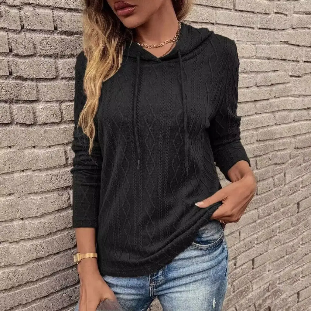 Women's Solid Color Long-Sleeved Hooded Sweater Fashion Pullover Top Casual Autumn Wear