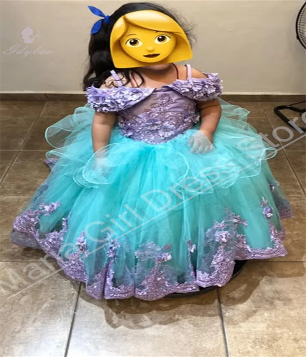 Lavendel appliqué bloemenmeisjesjurk met dunne bandjes voor kinderverjaardag formele gelegenheid feestavondjurk