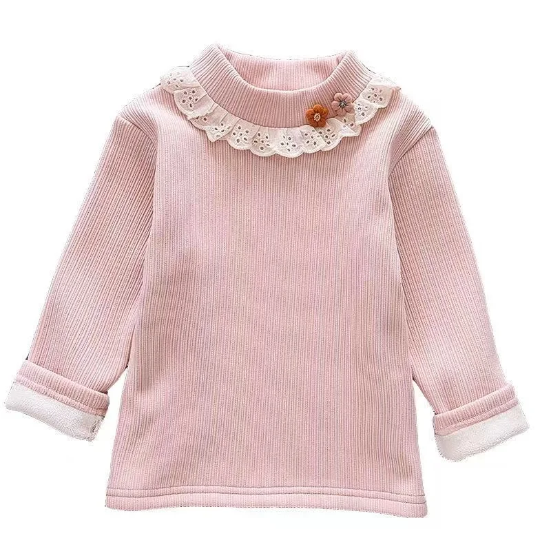 Meisjes Onderlaag 2024 Nieuwe Winter Kinderen Half Hoge Kraag Meisje Baby Buitenlander Schattige Pluche Verdikte Top Meisjes T-Shirt Kids