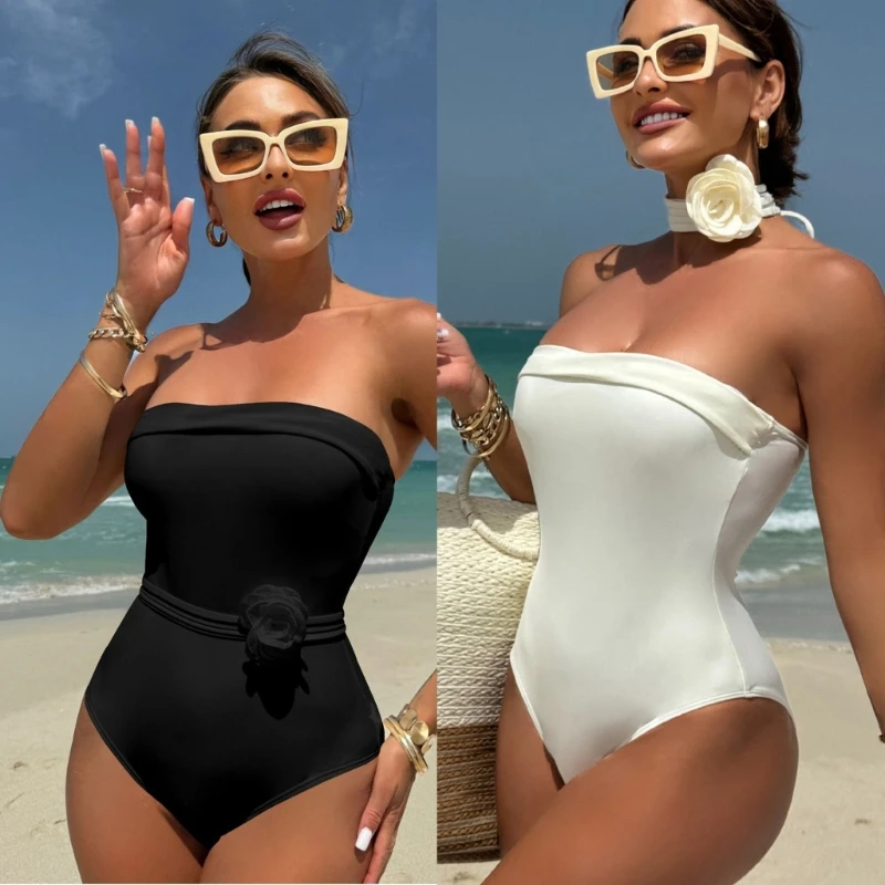 

Women 3D Flower Piece Swimsuit Lady Summer Solid Color Swimming Costume Sexy Push Up Bathing Suit for Vacation Beachwear