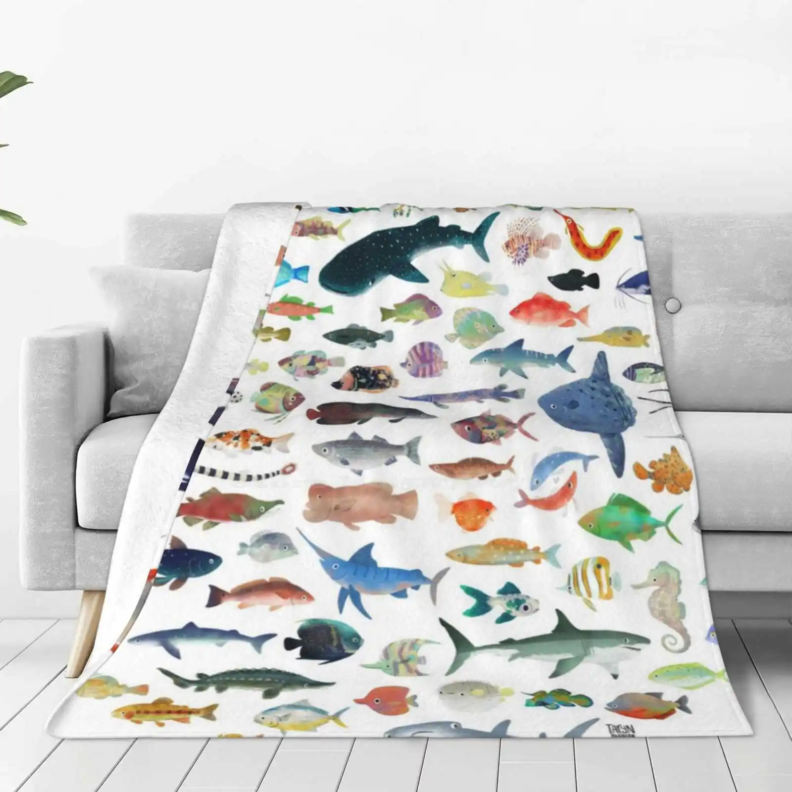 One Hundred Fish New Selling Custom Print Flannel Soft Blanket Marine Life Marine Science Marine Biology Ocean Life Beach