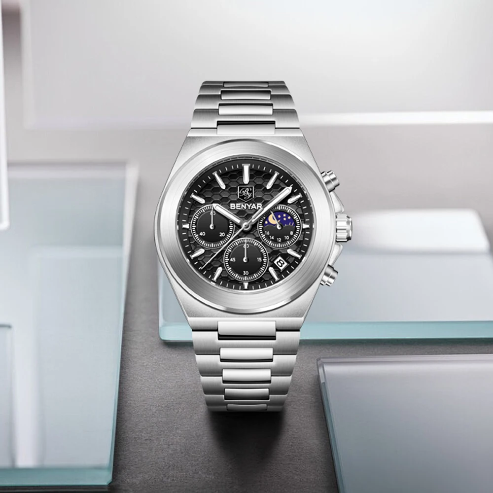 

BENYAR Men's Watches Quartz Chronograph Luxury Watch For Men Top Brand Moon Phase Wristwatch Waterproof Luminous Stainless Steel