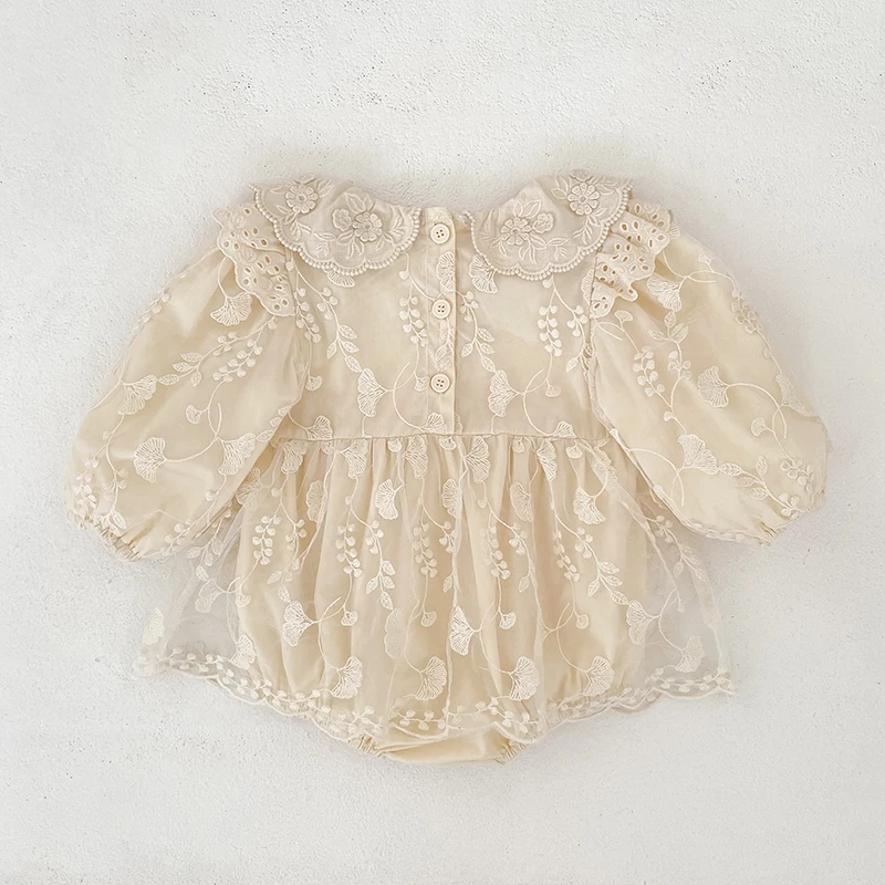 Baby-Mädchen-Strampler aus Spitze, langärmelig, mit Stickerei, Peter-Pan-Kragen, Body, Neugeborenen-Overall, beige, Geburtstags-Foto-Outfit, 0-24 Monate – Detail 3